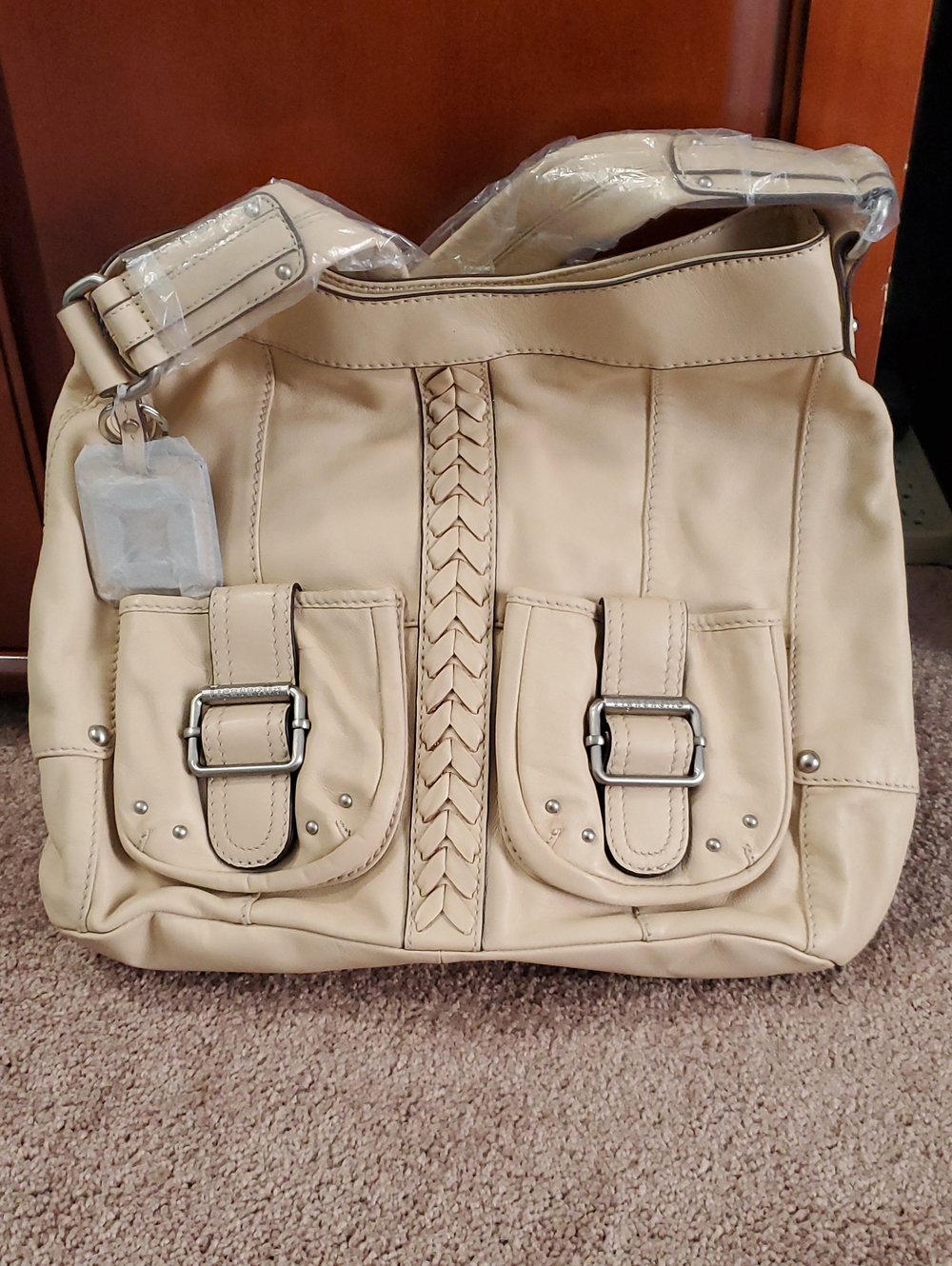 BRAND NEW!!  Tignanello Cream Braided Soft Leather LARGE Women’s Shoulder Bag